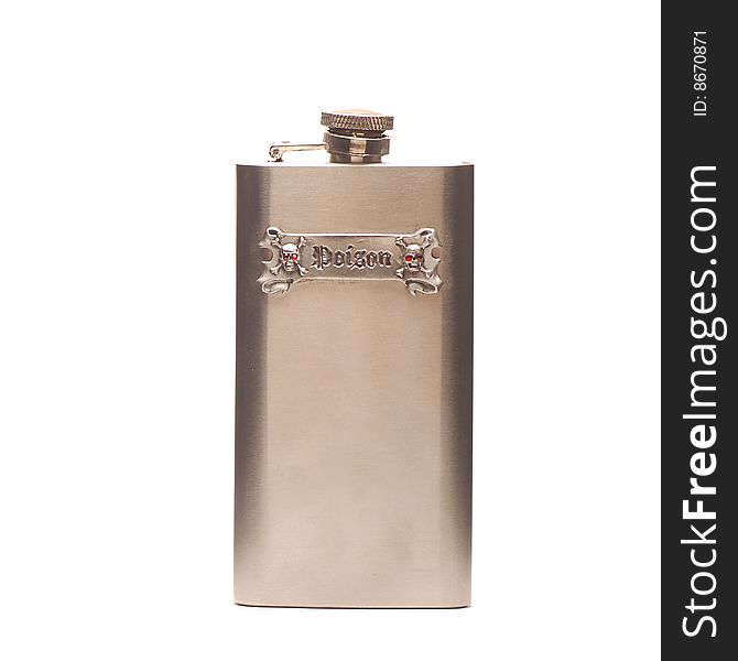 A flask that has an emblem that says Poison with two skulls beside the text with red diamond eyes. A flask that has an emblem that says Poison with two skulls beside the text with red diamond eyes.