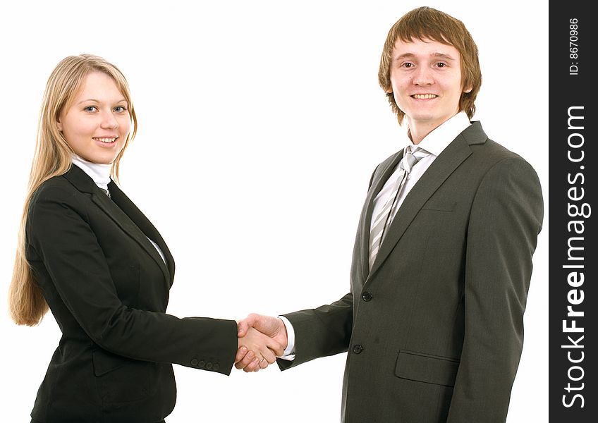 Business man and businesswoman handshake on white background