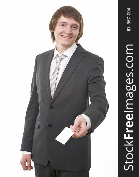 Businessman show business card on white background