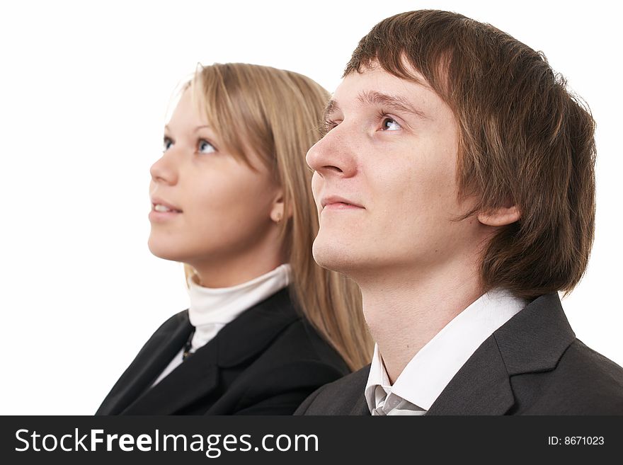 Businessman and businesswoman on white background