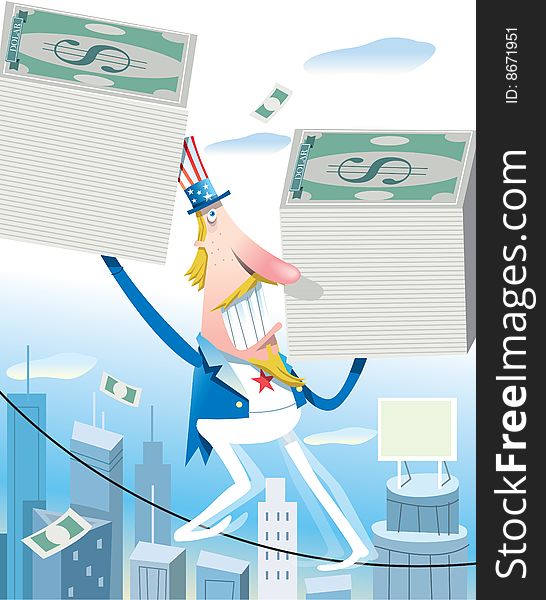 Uncle sam walking on a suspended line with dollars on each hand. Ideal to illustrate a business topic. Uncle sam walking on a suspended line with dollars on each hand. Ideal to illustrate a business topic.