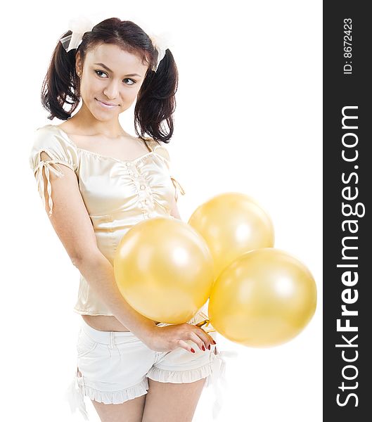 Beautiful young girl with balloons isolated on white background