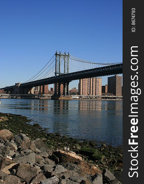Manhattan Bridge and East River as seen from Brooklyn. Manhattan Bridge and East River as seen from Brooklyn.