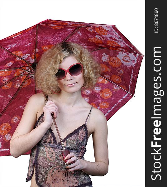 Young girl in sunglasses with umbrella