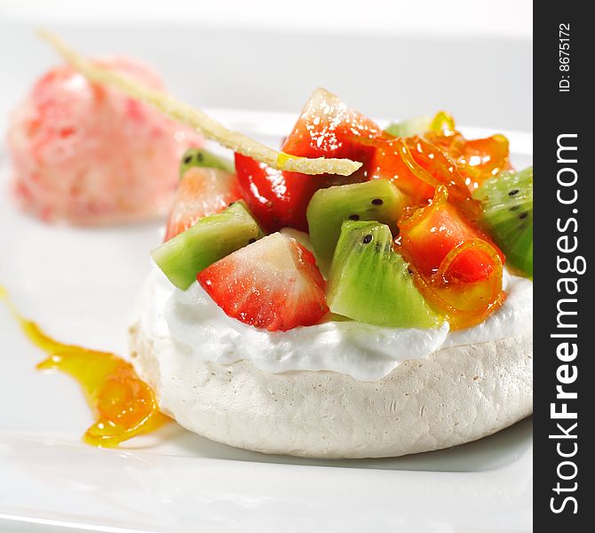 Meringue with Fruit and Strawberry Sorbet. Meringue with Fruit and Strawberry Sorbet