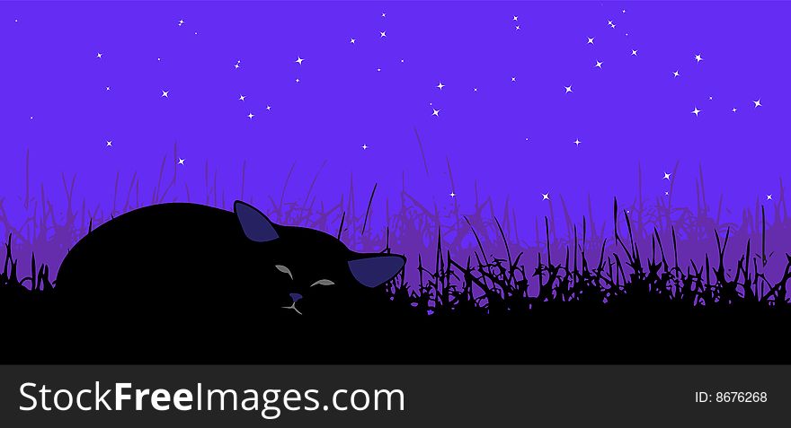 Sleeping cat in the grass, vector illustration