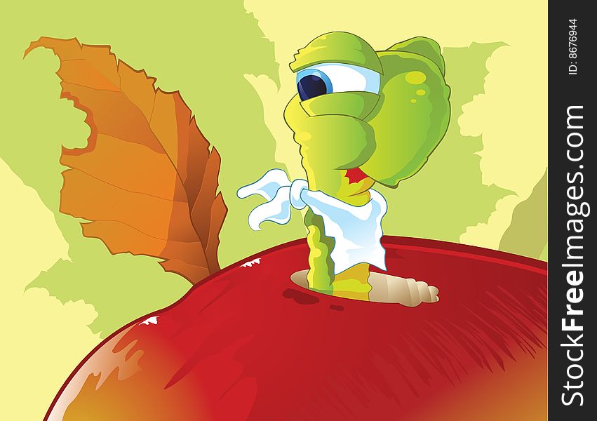 Green worm coming out of a red apple with a chuck of apple in its mouth. Green worm coming out of a red apple with a chuck of apple in its mouth.