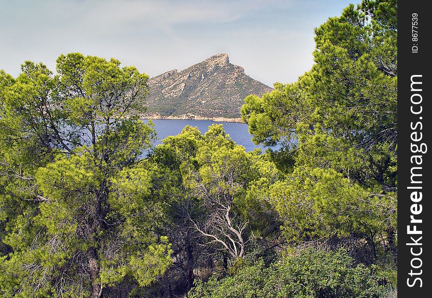 View of island Dragonera, from the top of the cliff near the village of Santelmo Mallorca. View of island Dragonera, from the top of the cliff near the village of Santelmo Mallorca