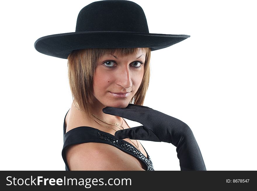 Lovely young woman in hat and gloves isolated on white background