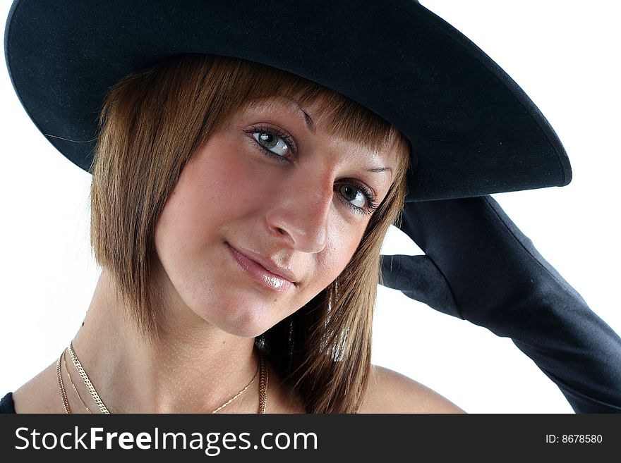 Lovely young woman in hat and gloves isolated on white background. Lovely young woman in hat and gloves isolated on white background