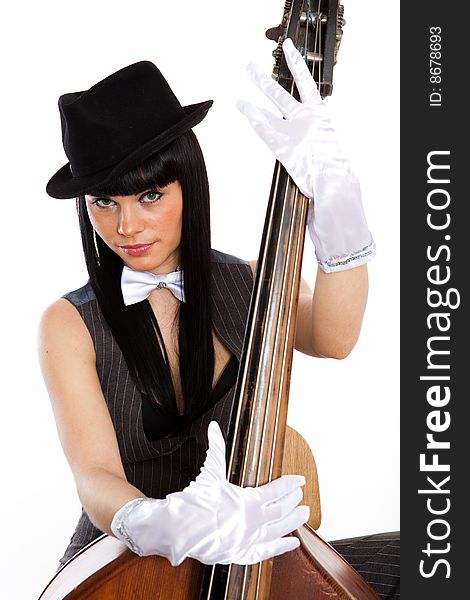 Young beautiful brunette with old contrabass