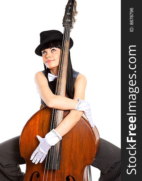 Young beautiful brunette with old contrabass