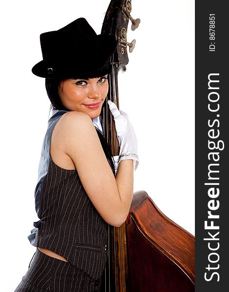 Young beautiful brunette with old contrabass