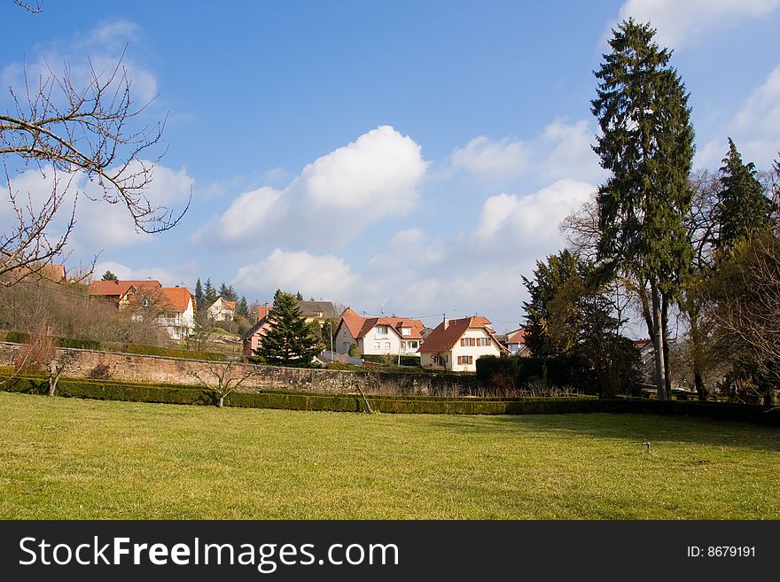 A scene of sunny spring day. Rural areA in France. A scene of sunny spring day. Rural areA in France.