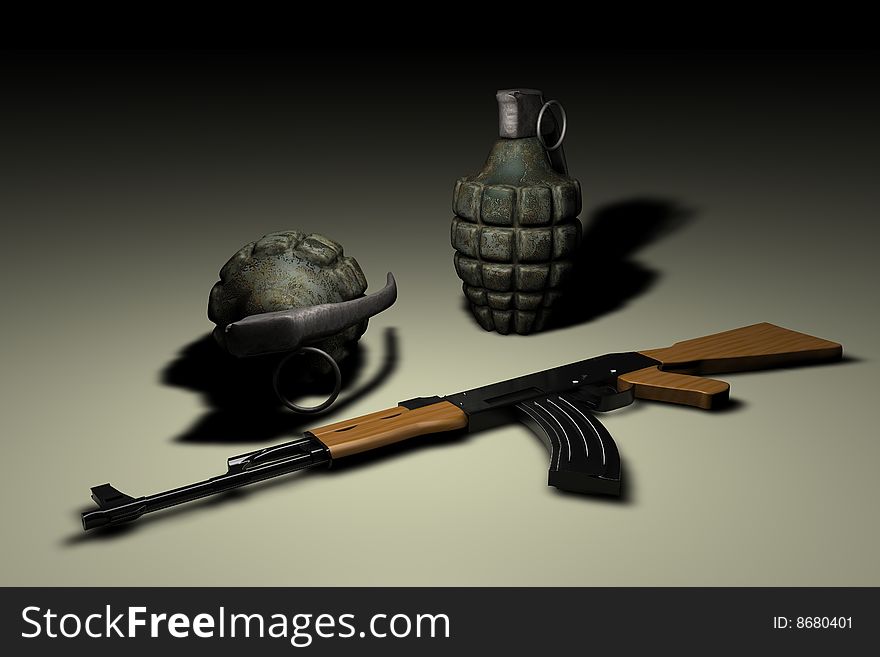 Hand grenades and Kalashigov's AK-47 ready to fire. Hand grenades and Kalashigov's AK-47 ready to fire.