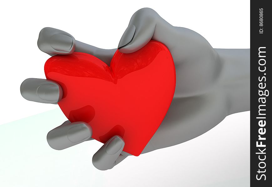 Abstract 3d illustration of red heart in hand isolated over white