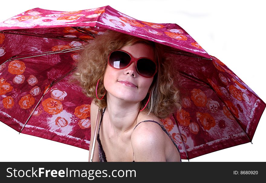 Young smiling girl with umbrella and sunglasses. Young smiling girl with umbrella and sunglasses