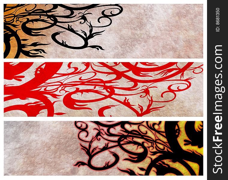 Grunge sepia brown rough banners with floral swirls. Grunge sepia brown rough banners with floral swirls