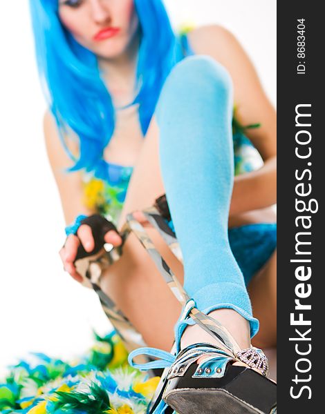 Attractive woman with blue wig over white. Attractive woman with blue wig over white