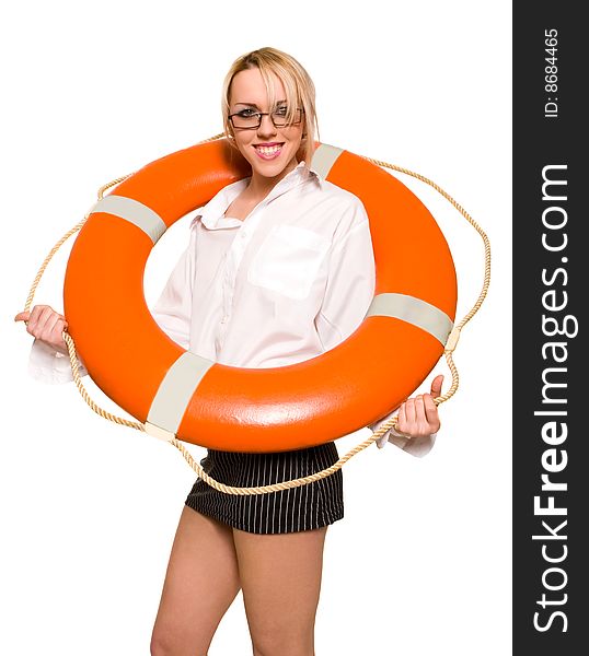 Young beautiful businesswoman with red life buoy