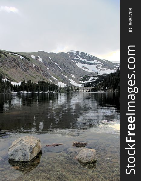 Rocky mountain lake landscape near the continental divide in Colorado.