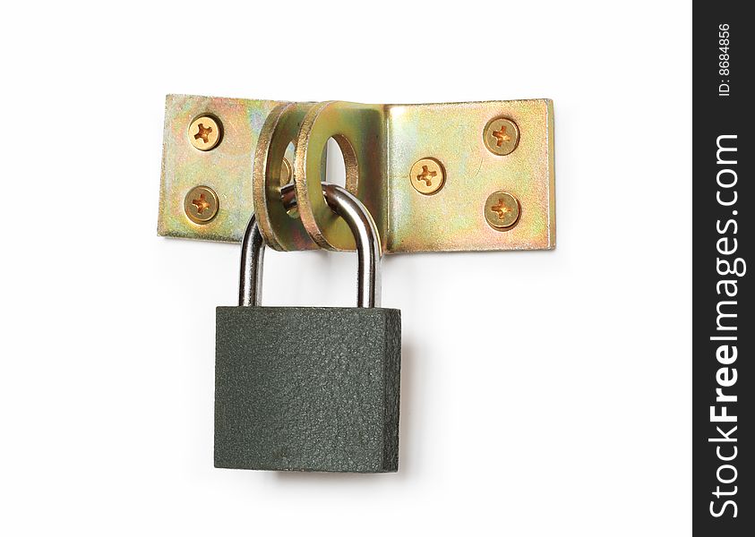Locked padlock hanging with hinges on white background