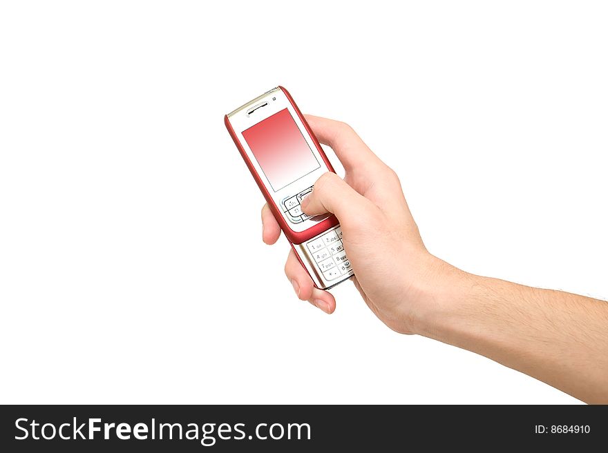 Hand holding red cell phone. Hand holding red cell phone