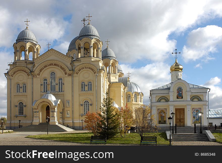 Light cathedral with domes on a blue background. Light cathedral with domes on a blue background