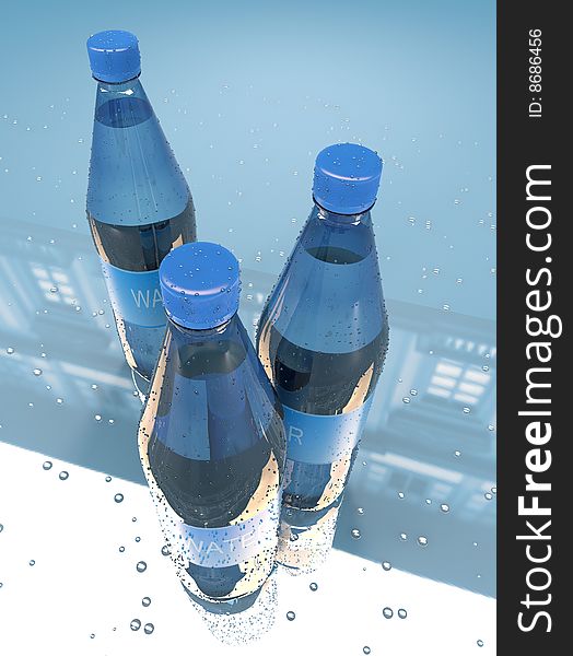 Bottles with mineral water on blue background. Bottles with mineral water on blue background