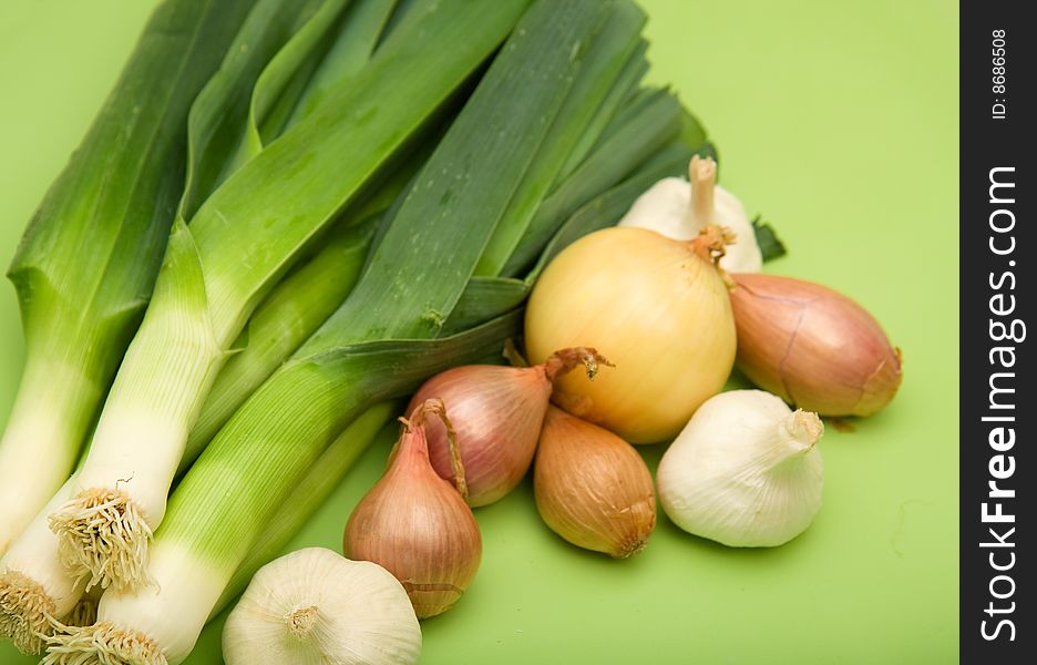 Onion, Garlic, Shallot, and Leek on Green. Onion, Garlic, Shallot, and Leek on Green