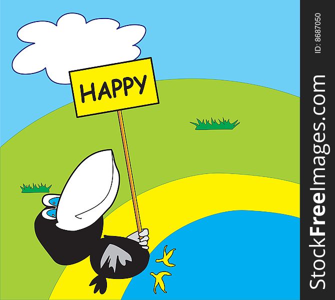 Happy crow on the beach with a congratulatory poster