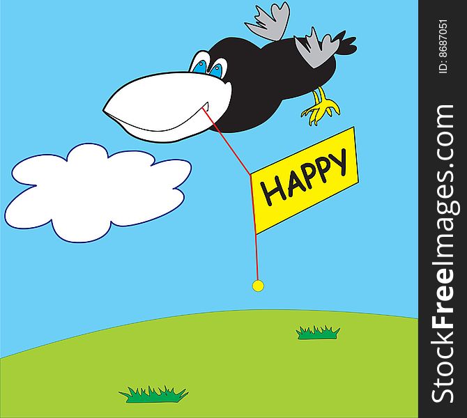 Happy crow flies with a congratulatory poster