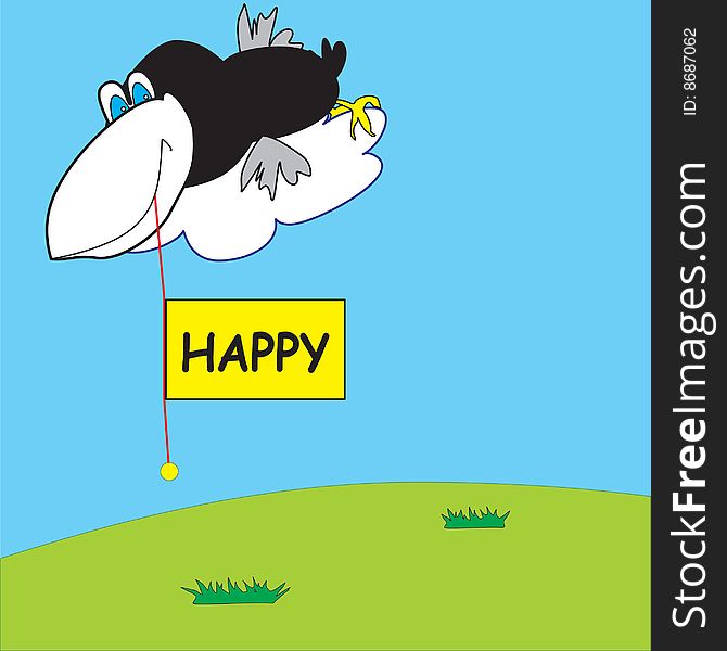 Happy crow rests on a cloud with a congratulatory poster