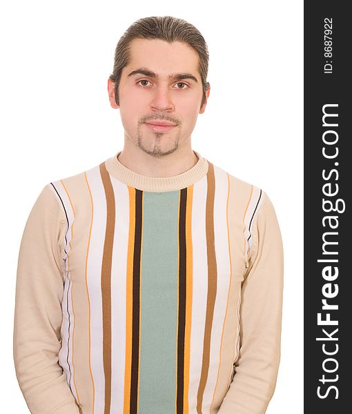 Young dark haired caucasian man in striped sweater isolated on white. Young dark haired caucasian man in striped sweater isolated on white