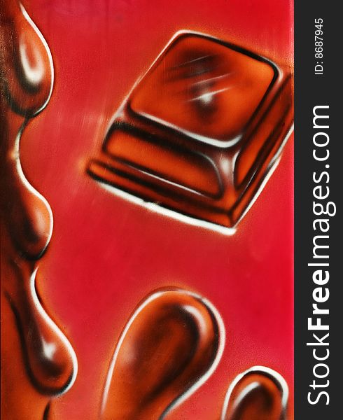 Painted chocolate on a red background.