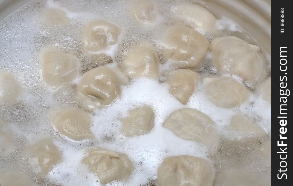 Russian Pelmeni Boiling In Pot