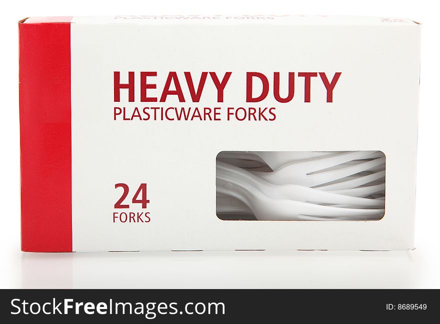 24 count blank label box of plastic forks over white.