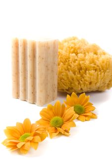 Natural Sponge, Soap And Flowers Royalty Free Stock Image Natural Sponge, Soap And Flowers Royalty Free Stock Image