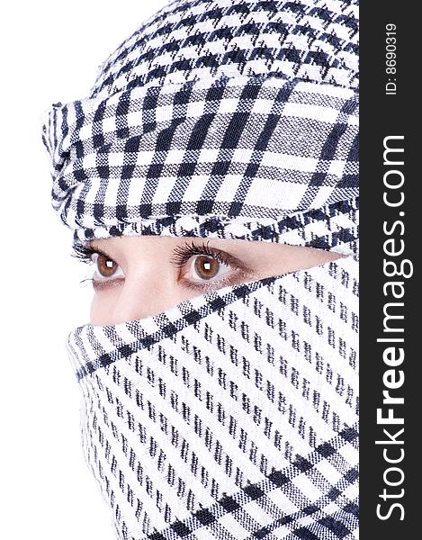 Closeup portrait of pretty arabic woman with headscarf
