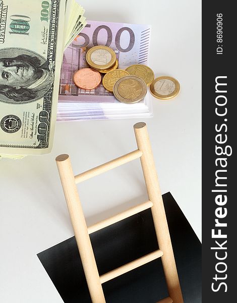 Wooden ladder leading from black hole to white background with money. Wooden ladder leading from black hole to white background with money