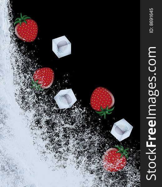 Ripe strawberries and frozen strawberries in the water current. Ripe strawberries and frozen strawberries in the water current