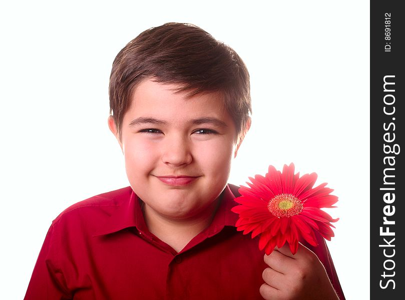 Teenager and red flower on white