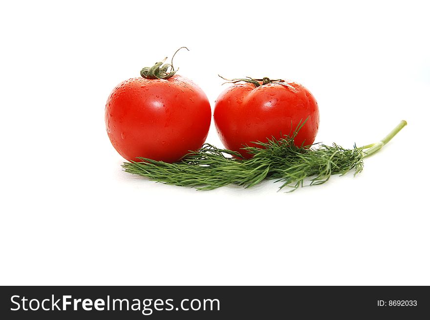 Two tomatoes and fennel on a white isolated background