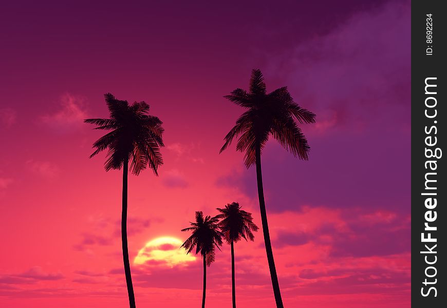 Beautiful sunset with palms. 3d image