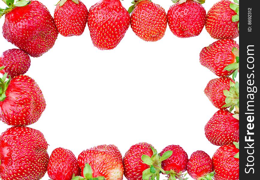 Ripe strawberries forming frame, isolated on white