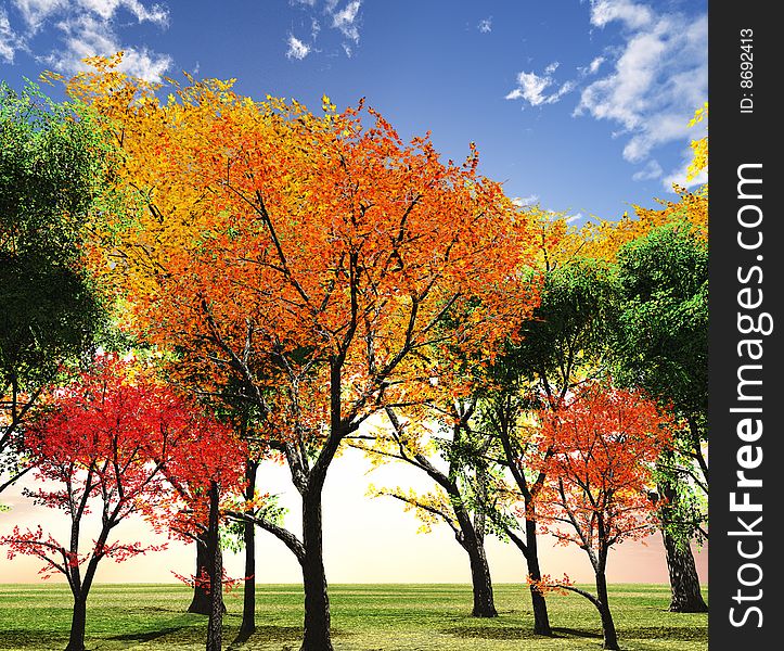 Beautiful autumn landscape with trees in the sunset