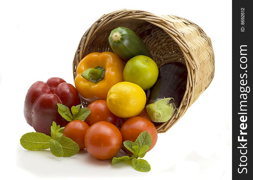 Basket from which vegetables  pepper, eggplant and tomatoes. Basket from which vegetables  pepper, eggplant and tomatoes