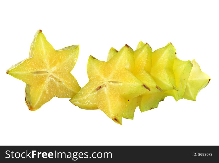 Slices of starfruit isolated on a white background. Slices of starfruit isolated on a white background.