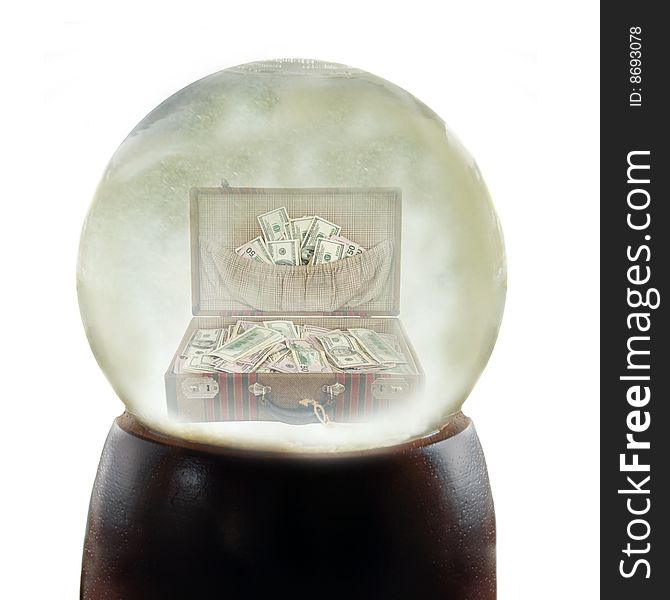 Vintage suitcase full of one hundred dollar bills and fifty dollar bills US currency in a crystal ball or snowglobe. Vintage suitcase full of one hundred dollar bills and fifty dollar bills US currency in a crystal ball or snowglobe.