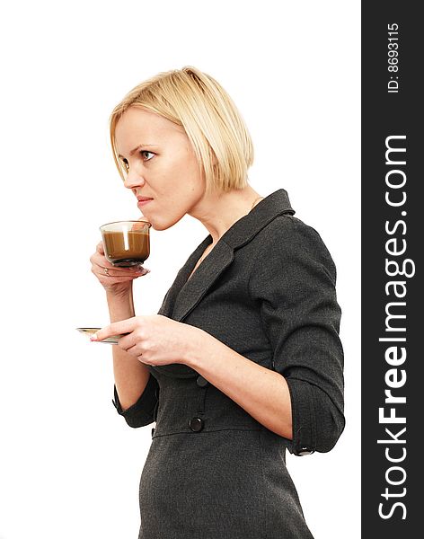 Blonde angrily drink coffee on a white background. Blonde angrily drink coffee on a white background